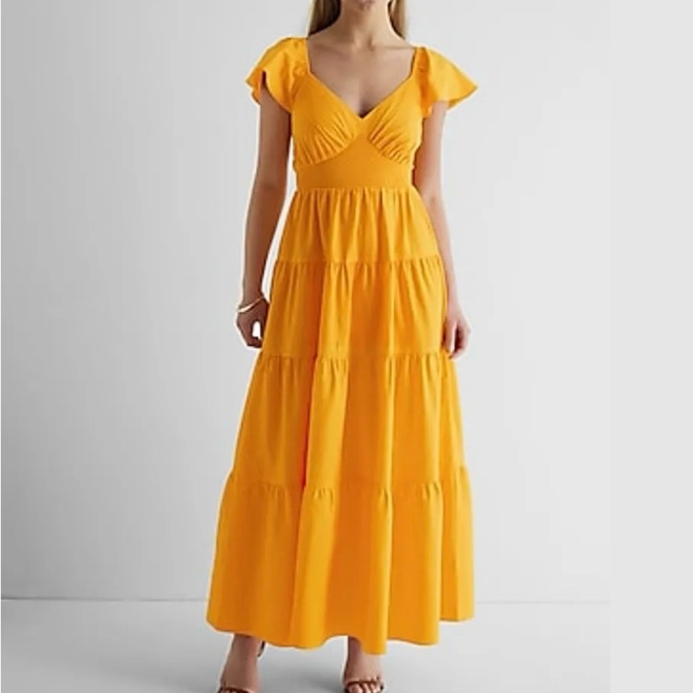 Express Yellow V-Neck Flutter Sleeve Tiered Poplin Maxi Dress Size L